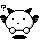 Four pixel-art character poses on gray background: white rounded body, black square eyes, small mouth, two black ears with white inner sections, four wing-like appendages, and floating question marks.