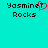 Pixelated text 'Yasminet Rocks' on cyan background with red heart symbol replacing 'T' in 'Yasminet' on left side.