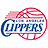Pixelated logo featuring 'CLIPPERS' text in blue with red and white basketball-themed elements including a hoop, net, and ball.