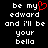 Black background with white pixelated text reading 'be my edward and i'll be your bella' and a red heart symbol replacing the 'o' in 'my' on the left side.
