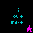 Pixelated text 'i love mike' in cyan on black, purple, and pink backgrounds with a small star icon changing from pink to black.