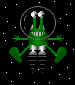 Green cartoon alien with two eyes, white teeth, and four limbs in a space suit against black starry background.