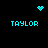 Four cyan pixelated icons on black background: heart, starburst, dot cluster, and four 'TAYLOR' text blocks.