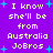 Purple background with white pixelated text reading "I know she'll be from Australia JoBros" and light blue star shapes scattered throughout.