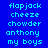 Blue background with cyan text listing names and phrases in a pattern, some highlighted with purple backgrounds
