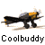 Animated contact sheet showing five sequential frames of a pixelated airplane icon with yellow, black, and gray coloring, each frame labeled "Coolbuddy" below it on a white background.