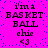 Pixelated text on a bright pink background with scattered blue dots, displaying 'i'm a BASKET BALL chie <3' in black and purple lettering.