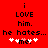 Red background with black text reading 'i LOVE him. he hates... me.' and white hearts, where the heart count changes from four to three.