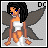Pixel art fairy character with dark curly hair and gray wings in a seated pose, displayed across six animated frames showing text variations on the right side of each frame.