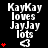 Pixelated text reads 'KayKay loves JayJay lots' with a heart symbol, red hearts animate in vertical stacks on the left and right sides of the black background.