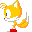 Pixelated yellow fox character with white muzzle and red shoes in four sequential poses showing tail movement and foot position changes.