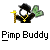 Pixelated static buddy icon featuring a character with black hair, white face, yellow cross necklace, and green wings holding a golden staff above gray background with "Pimp Buddy" text below.