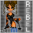 Animated contact sheet of a pixel-art character in black outfit with orange accents performing walking motion against vertical text background.