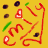 Yellow background with scattered red curved shapes, green lines, and dark brown circular spots.