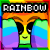 A 3x3 contact sheet of an animated Neopets Jubjub buddy icon with rainbow-colored stripes, showing frame-by-frame animation changes in the character's eyes and mouth across eight sampled frames.
