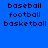 Blue background with pixelated text listing sports terms in two , each containing baseball, football, and basketball in black text