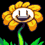 Pixel art flower character with yellow petals, green stem, and white face showing multiple expressions against black background.