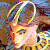 Pixelated image of a figure with light-colored hair and pinkish skin tones, surrounded by multicolored background elements including blue, brown, yellow, and red hues.