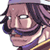 Pixelated 50x50 AIM buddy icon of a character with purple hair, glasses, and a neutral expression against a white background.