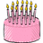 Pixelated pink cake with multiple candles on left, bright pink background with white text on right.