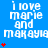 Blue background with repeated white text 'i love marie and makayla' and red heart symbols in a pattern