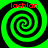 Four identical green and black spiral patterns arranged in a with red text reading 'lachlan' above each spiral
