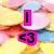 Animated icon with pink text and symbols over a blurred candy background, showing sequential changes in the top text.
