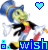 A 4-frame animated contact sheet featuring a cartoon cricket character in blue top hat, yellow body, and red accents with pixelated hearts and text changes across frames.