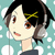 Pixelated anime-style character with black hair and yellow X-shaped hair clip, wearing headphones against light blue polka-dot background.