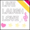 Static icon with 'LIVE LAUGH LOVE' text, pink heart, yellow stars, and musical symbols on white background with diagonal yellow and pink stripes.
