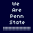 Pixelated text "We Are Penn State" on dark blue background with blue highlight changes across three of white dotted lines