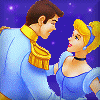 Animated sequence of Disney's Cinderella and Prince Charming in blue formal attire against a purple starry background with text overlays.