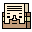 Pixelated icon with beige face, black eyes/nose/mouth on brown background; document-like top section with horizontal lines and small light green accents.
