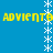 Yellow pixelated text 'ADVIENTO' repeated four times on a blue background with white star-like symbols forming vertical and horizontal lines.