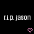 Pixelated text 'r.i.p. jason' in white on black background with two pink heart symbols below, each composed of small square pixels.