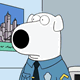 Animated cartoon dog in blue police uniform with black tie, showing two facial expressions against cityscape background.