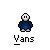 Pixel art character in blue hoodie with white face and black eyes, standing above 'Vans' text; same character appears seated with folded arms below.