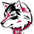 Pixelated cartoon wolf head with black and white fur, red accents on ears and tail, closed eyes, and a small red mark on its nose.