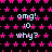 Pixelated icon with black background, pink star pattern, and cyan text repeating 'omg! :o why?' in multiple