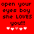 Red background with black pixelated text reading 'open your eyes boy she LOVES you!!!' and five white/pink hearts below.