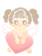 Pixelated angel character with brown pigtails and white wings sits on a large pink heart, smiling in two sequential poses.