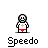 Pixelated character with white body, red shorts, and gray cross on chest, standing against gray background with 'Speedo' text below.