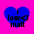 Four blue heart-shaped icons with black text "i love<3 matt" on a bright pink background, each showing slight variations in heart shape and text clarity.