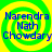 Four identical display blue text over a green and yellow spiral background with no visible animation changes