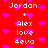 Red background with pink hearts and white text reading "Jordan + Alex love 4eva" repeated in a pattern