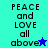 Pixelated text 'PEACE and LOVE all above' with a star symbol on a split background of cyan and blue sections.