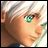 Pixelated anime-style character with white hair and green eyes, side profile against black background with text elements.