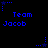 Blue pixelated text "Team Jacob" appears with blue star and dotted line elements on a black background, some stars positioned above or below the text.