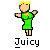 Pixelated character in green dress with yellow hair and orange necklace, standing against gray background with 'Juicy' text below.