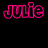 Pixelated pink text spelling 'Julie' in a stylized font appears on black and gray backgrounds across three positions.